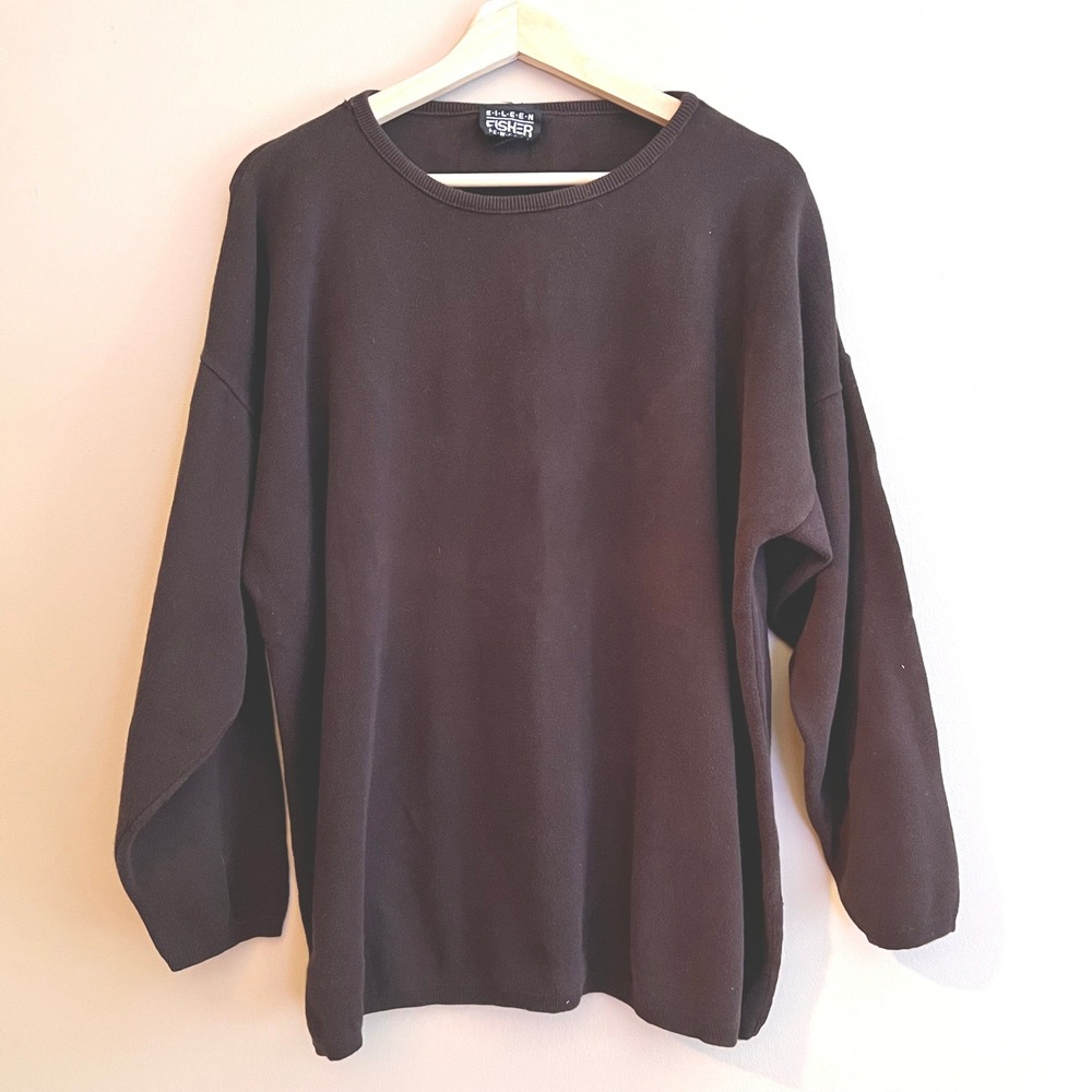 Eileen Fisher Brown Long Sleeve Crew Neck Oversized Knit Sweater Side Slit S/M